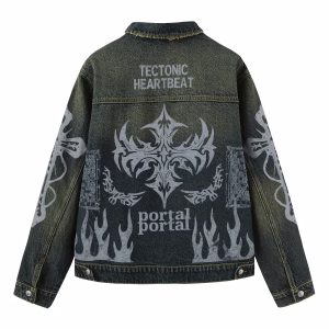 "Tectonic Heartbeat" Cyber Tribal Flame & Cross Dark Denim Jacket by JR JEANIUS WEAR