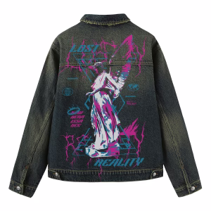 "Lost Reality" Glitch Art Statue & Neon Lightning Dark Denim Jacket by JR JEANIUS WEAR