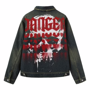 "Danger" Red Gothic Text & Gritty Skull Dark Denim Jacket by JR JEANIUS WEAR