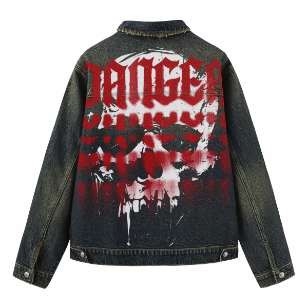 "Danger" Red Gothic Text & Gritty Skull Dark Denim Jacket by JR JEANIUS WEAR