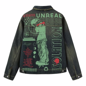 "Unreal Isolation" Vaporwave Statue & Kanji Art Dark Denim Jacket by JR JEANIUS WEAR