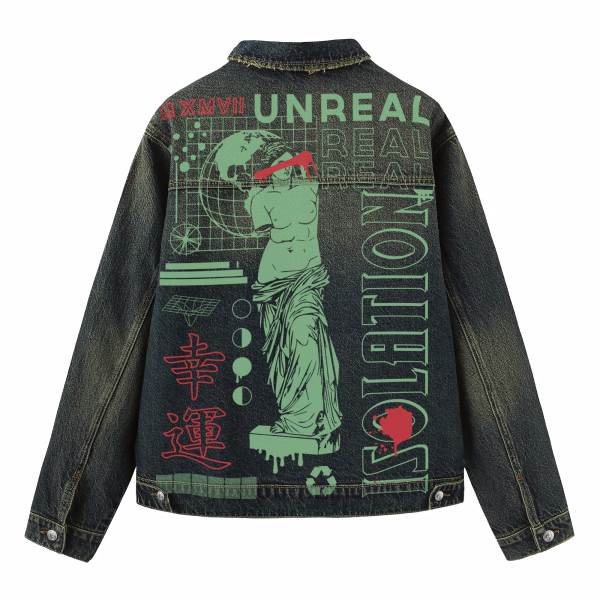 "Unreal Isolation" Vaporwave Statue & Kanji Art Dark Denim Jacket by JR JEANIUS WEAR