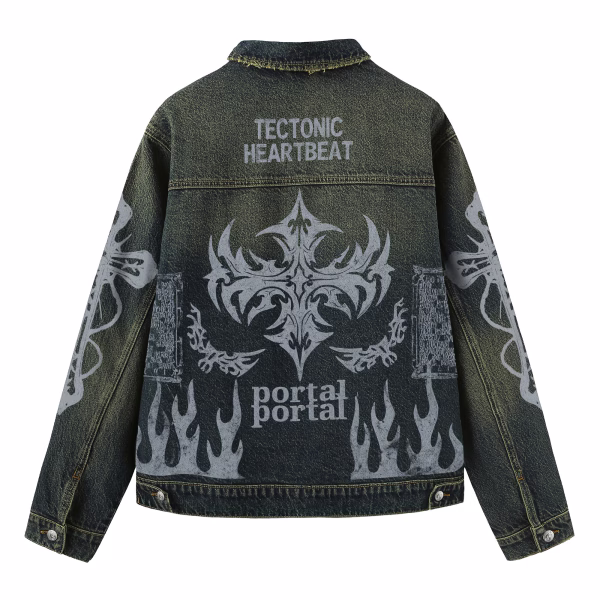 "Tectonic Heartbeat" Cyber Tribal Flame & Cross Dark Denim Jacket by JR JEANIUS WEAR