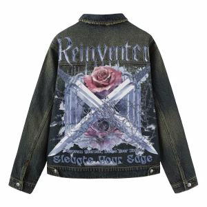 "Reinventer" Gothic Rose & Crossed Swords Dark Denim Jacket by JR JEANIUS WEAR