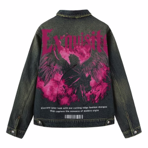 "Exquisite" Pink Gothic Angel & Smoke Dark Denim Jacket by JR JEANIUS WEAR
