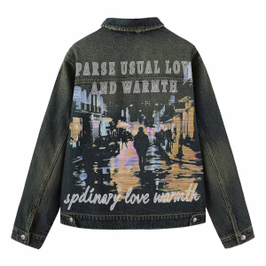 "Parse Usual Love" Urban Night Streetscape Dark Denim Jacket by JR JEANIUS WEAR