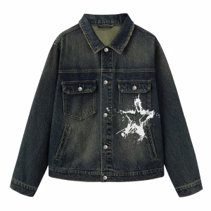 “Saint Frances Atelier” Grunge Star Stencil Dark Denim Jacket