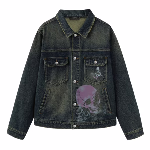 “Memory Clouds” Psychedelic Skull & Mushroom Dark Denim Jacket
