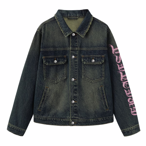 "Greatest New World" Magic 8-Ball & Pink Flame Dark Denim Jacket jackets product photo