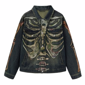 “Mortal Frame” Full Body Skeleton Anatomy Painted Dark Denim Jacket