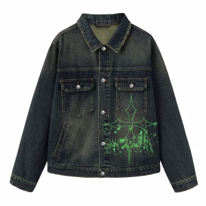 “Assault on the City” Green Gothic Cross & Metal Band Aesthetic Dark Denim Jacket