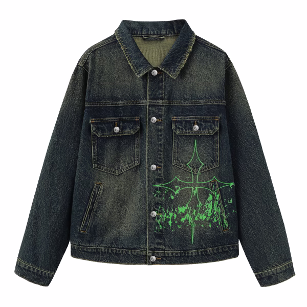 "Assault on the City" Green Gothic Cross & Metal Band Aesthetic Dark Denim Jacket jackets product photo