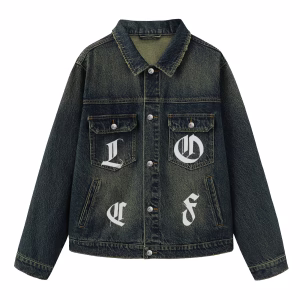 “Gothic Romance” Floral Cross & Scattered Lettering Dark Denim Jacket
