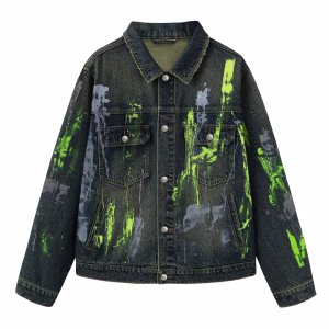 “Neon Chaos” Abstract Green & Grey Paint Splatter Dark Denim Jacket