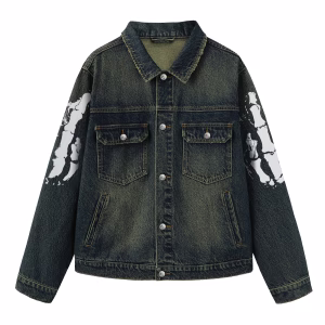 “Misfitsh” Skeleton Middle Finger & Bone Sleeve Dark Denim Jacket