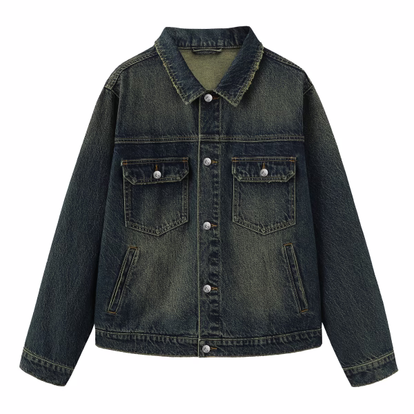 "Cyber Paris" Futuristic Cityscape & Metal Logo Dark Denim Jacket jackets product photo