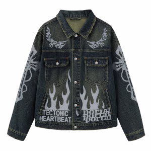 “Tectonic Heartbeat” Cyber Tribal Flame & Cross Dark Denim Jacket