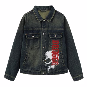 “Danger” Red Gothic Text & Gritty Skull Dark Denim Jacket
