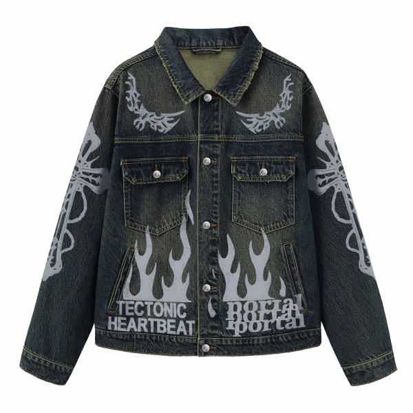 "Tectonic Heartbeat" Cyber Tribal Flame & Cross Dark Denim Jacket jackets product photo