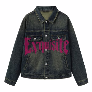 “Exquisite” Pink Gothic Angel & Smoke Dark Denim Jacket