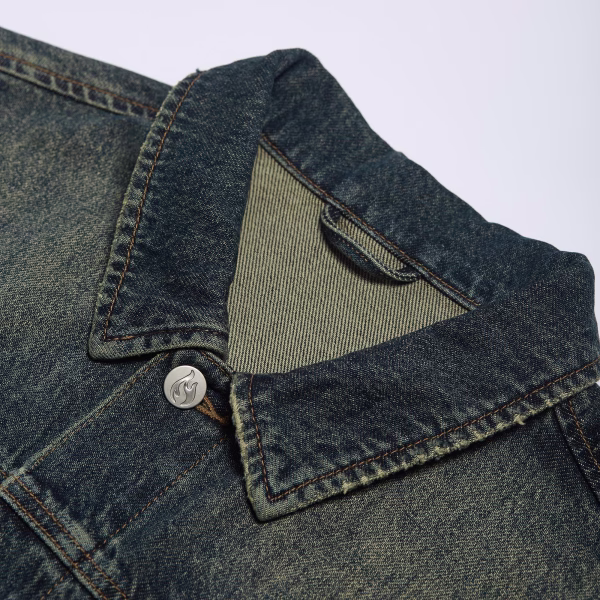 "Tectonic Heartbeat" Cyber Tribal Flame & Cross Dark Denim Jacket jackets product photo