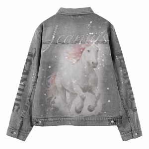 "Dream Horse" Diamond Script & Gothic Sleeve Grey Denim Jacket by JR JEANIUS WEAR