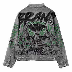 "Born To Destroy" Skull Dagger & Green Fire Grey Denim Jacket by JR JEANIUS WEAR