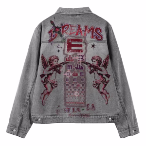 "Armed Dreamer" Cherub with AK-47 & Dreams Eye Chart Grey Denim Jacket by JR JEANIUS WEAR