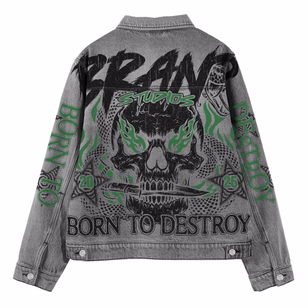 "Born To Destroy" Skull Dagger & Green Fire Grey Denim Jacket by JR JEANIUS WEAR