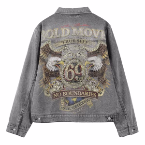 "Bold Move" Twin Eagles & Diamond 69 Biker Grey Denim Jacket by JR JEANIUS WEAR