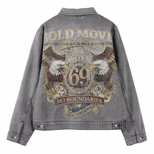 "Bold Move" Twin Eagles & Diamond 69 Biker Grey Denim Jacket by JR JEANIUS WEAR
