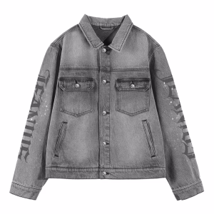 “Dream Horse” Diamond Script & Gothic Sleeve Grey Denim Jacket