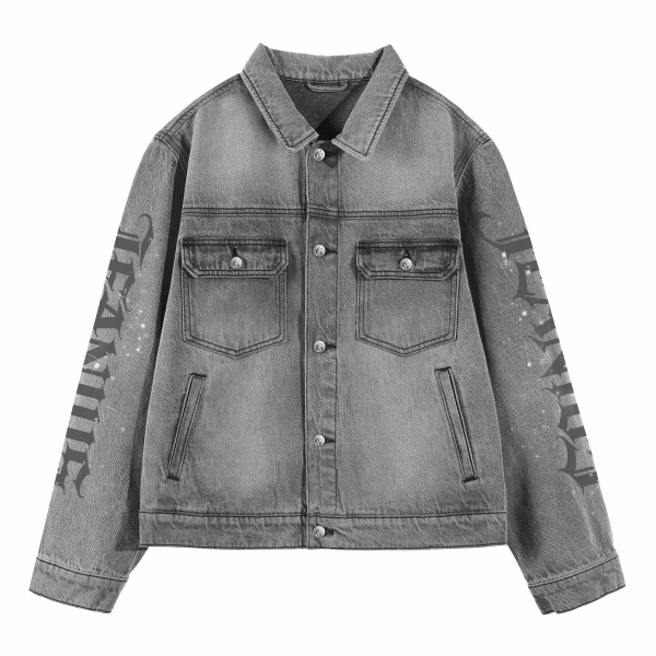 "Dream Horse" Diamond Script & Gothic Sleeve Grey Denim Jacket jackets product photo