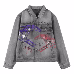 "Above Average" Liberty Graphic & Paint Splash Grey Denim Jacket by JR JEANIUS WEAR