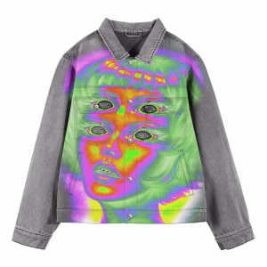 "Psychedelic Vision" Thermal Double-Eye Portrait Grey Denim Jacket by JR JEANIUS WEAR