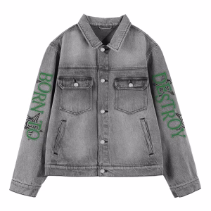 “Born To Destroy” Skull Dagger & Green Fire Grey Denim Jacket