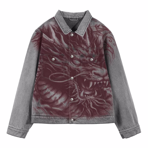 "Crimson Dragon" Full Front Phantom Graphic Grey Denim Jacket by JR JEANIUS WEAR