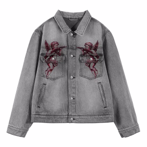 “Armed Dreamer” Cherub with AK-47 & Dreams Eye Chart Grey Denim Jacket