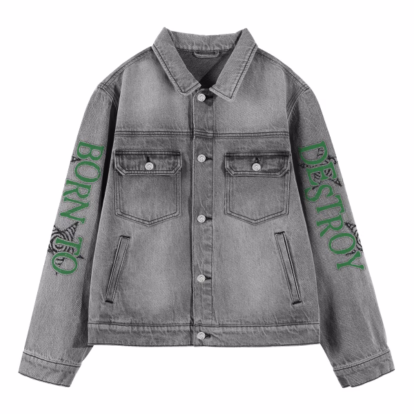 "Born To Destroy" Skull Dagger & Green Fire Grey Denim Jacket jackets product photo