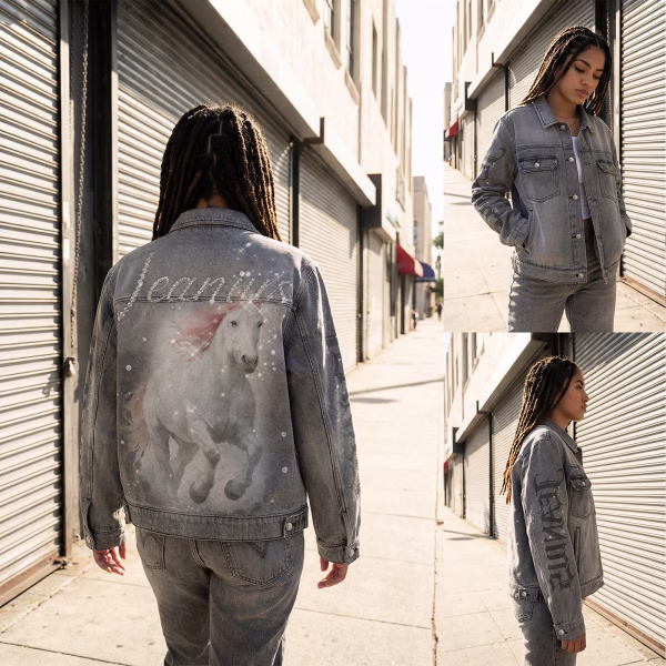 "Dream Horse" Diamond Script & Gothic Sleeve Grey Denim Jacket jackets product photo