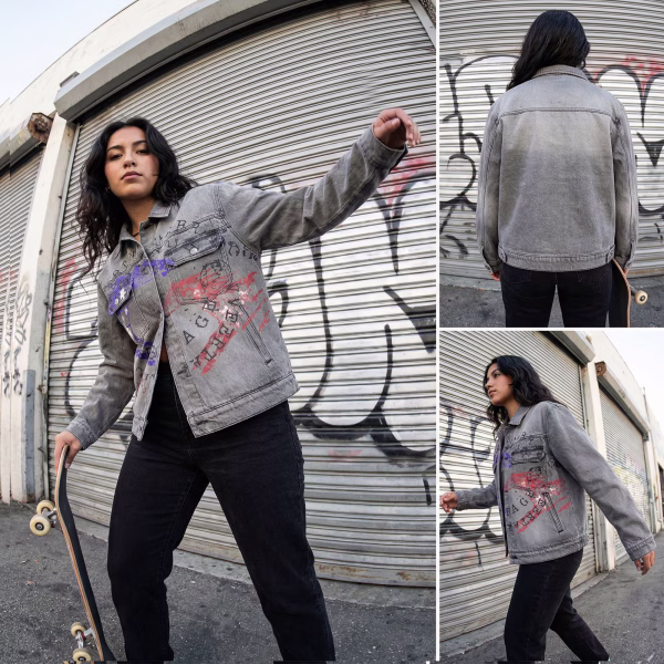 "Above Average" Liberty Graphic & Paint Splash Grey Denim Jacket jackets product photo