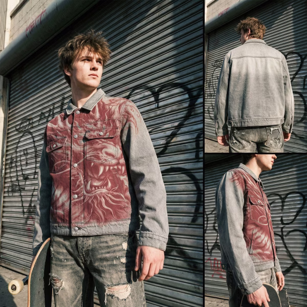 "Crimson Dragon" Full Front Phantom Graphic Grey Denim Jacket jackets product photo
