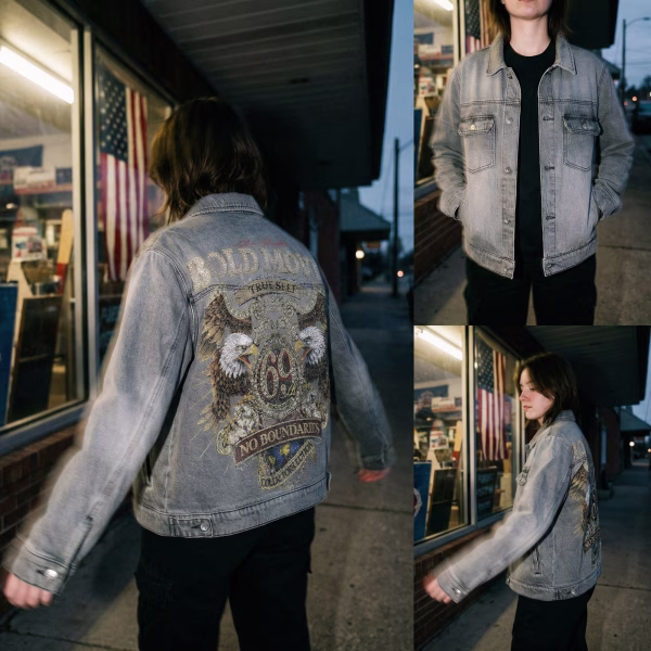 "Bold Move" Twin Eagles & Diamond 69 Biker Grey Denim Jacket jackets product photo