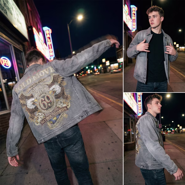 "Bold Move" Twin Eagles & Diamond 69 Biker Grey Denim Jacket jackets product photo