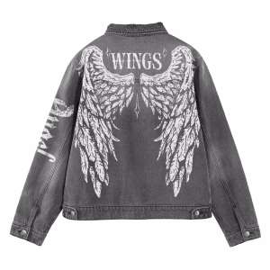 "Dark Angel" Wings & Gothic Cross Distressed Grey Denim Jacket by JR JEANIUS WEAR