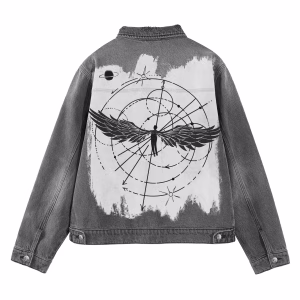 "Celestial Void" Geometric Angel & Star Chart Distressed Grey Denim Jacket by JR JEANIUS WEAR