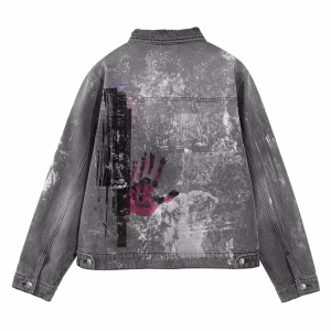 "Crimson Handprint" Industrial Grunge & Abstract Paint Distressed Grey Denim Jacket by JR JEANIUS WEAR