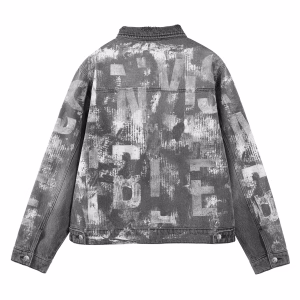 "Invisible Angel" Grunge Stencil & Chinese Character Distressed Grey Denim Jacket by JR JEANIUS WEAR