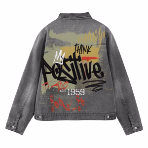 "Think Positive" Graffiti Smiley & Lightning Distressed Grey Denim Jacket by JR JEANIUS WEAR