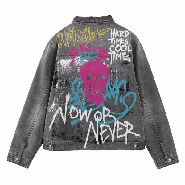 "Now or Never" Pink Skull & Riot Graffiti Distressed Grey Denim Jacket by JR JEANIUS WEAR